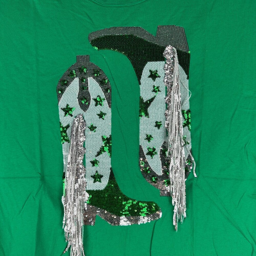 Blue B. Womens Kelly Green T-Shirt With Sequin Cowboy Boots Design SIze S